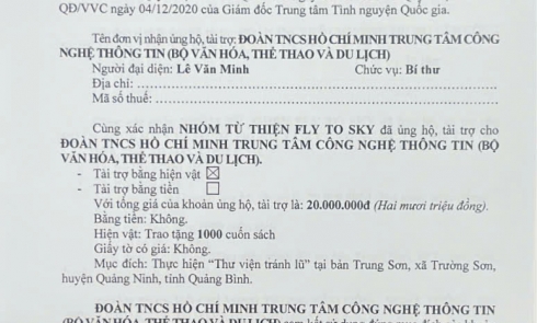 Biên bản xác nhận tài trợ Đoàn TNCS Hồ Chí Minh Trung tâm Công nghệ Thông tin (Bộ Văn hóa, Thể thao và Du lịch)