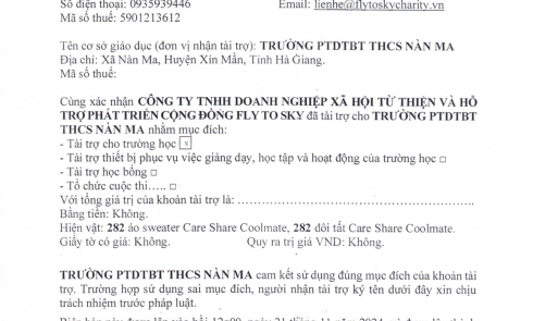 Biên bản xác nhận tài trợ và biên bản bàn giao tài trợ cho Trường PTDTBT THCS Nàn Ma, xã Nàn Ma, huyện Xín Mần, tỉnh Hà Giang