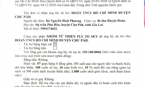 Biên bản xác nhận tài trợ Đoàn TNCS Hồ Chí Minh huyện Chư Păh - Ngày hội tình nguyện “Tôi yêu Tổ quốc tôi” năm 2024 – Chủ đề “Sải cánh vươn xa”