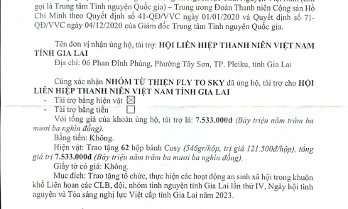 Biên bản xác nhận tài trợ 62 hộp bánh Cosy cho Hội LHTN Việt Nam tỉnh Gia Lai