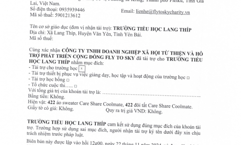 Biên bản xác nhận tài trợ và biên bản bàn giao tài trợ cho Trường Tiểu học Lang Thíp, xã Lang Thíp, huyện Văn Yên, tỉnh Yên Bái