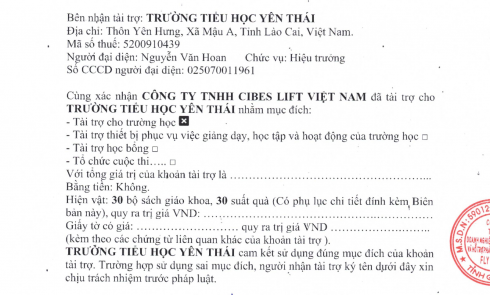 Biên bản xác nhận tài trợ và Biên bản bàn giao tài trợ cho Trường Tiểu học Yên Thái, Thôn Yên Hưng, xã Mậu A, tỉnh Lào Cai