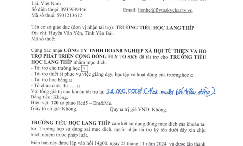 Biên bản xác nhận tài trợ và biên bản bàn giao tài trợ cho Trường Tiểu học Lang Thíp, huyện Văn Yên, tỉnh Yên Bái