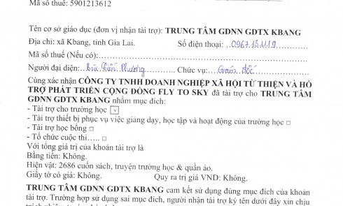Biên bản xác nhận tài trợ và Biên bản bàn giao hàng hóa tài trợ cho Trung tâm GDNN GDTX KBang, xã KBang, tỉnh Gia Lai