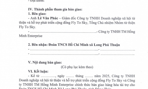 Biên bản xác nhận tài trợ và Biên bản bàn giao tài trợ cho Đoàn TNCS Hồ Chí Minh xã Long Phú Thuận
