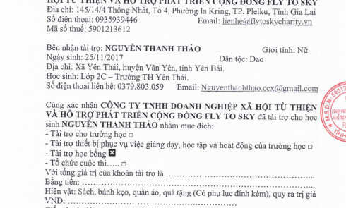 Biên bản xác nhận tài trợ và Biên bản bàn giao tài trợ cho Bé Nguyễn Thanh Thảo xã Yên Thái, huyện Văn Yên, tỉnh Yên Bái