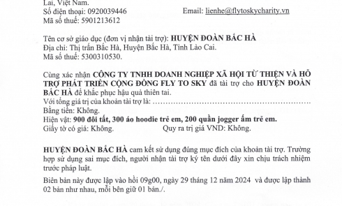 Biên bản xác nhận tài trợ Đoàn TNCS Hồ Chí Minh huyện Bắc Hà - Dự án Áo ấm Chuyền tay