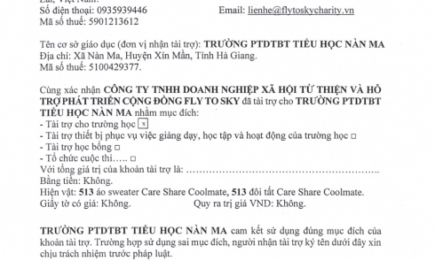 Biên bản xác nhận tài trợ và biên bản bàn giao tài trợ cho Trường PTDTBT TH Nàn Ma, xã Nàn Ma, huyện Xín Mần, tỉnh Hà Giang