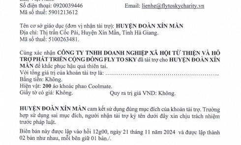 Biên bản xác nhận tài trợ và biên bản bàn giao tài trợ cho Huyện Đoàn Xín Mần, thị trấn Cốc Pài, huyện Xín Mần, tỉnh Hà Giang
