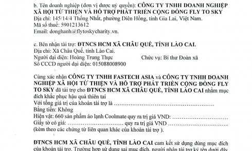 Biên bản xác nhận tài trợ Khắc phục hậu quả thiên tai tại xã Châu Quế, tỉnh Lào Cai