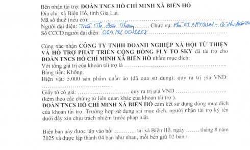 Biên bản xác nhận tài trợ và Biên bản bàn giao tài trợ cho Đoàn TNCS Hồ Chí Minh xã Biển Hồ