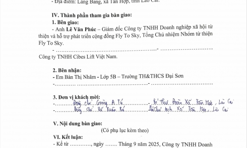 Biên bản xác nhận tài trợ và Biên bản bàn giao tài trợ cho bé Bàn Thị Nhâm xã Tân Hợp, tỉnh Lào Cai, Việt Nam.