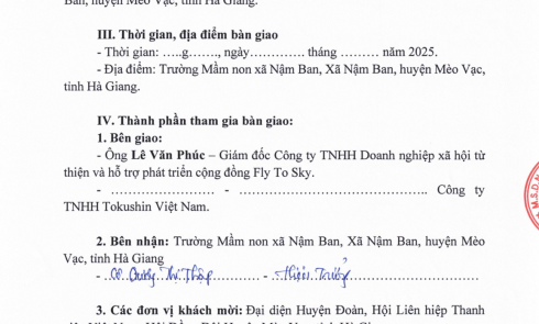 Biên bản bàn giao dự án cho Trường Mần non xã Nậm Ban, xã Nậm Ban, huyện Mèo Vạc, tỉnh Hà Giang