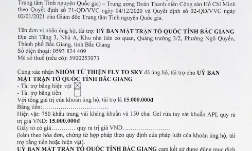 Biên bản xác nhận ủng hộ, tài trợ cho các hoạt động phòng, chống dịch Covid-19 đến Ủy Ban Mặt trận Tổ quốc tỉnh Bắc Giang
