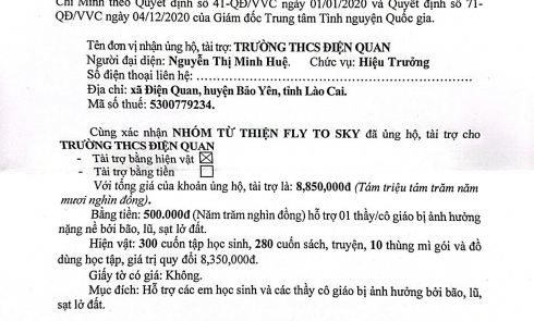 Biên bản xác nhận tài trợ Trường THCS Điện Quan - Dự án Quà chia sẻ - Cứu trợ và hỗ trợ tái thiết sau bão, lũ tại tỉnh Lào Cai