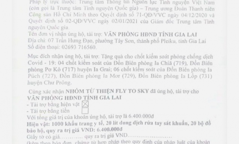 Biên bản xác nhận ủng hộ, tài trợ cho các hoạt động phòng, chống dịch Covid-19 cho Văn phòng HĐND Tỉnh Gia Lai