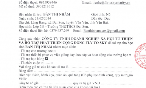 Biên bản xác nhận tài trợ và Biên bản bàn giao tài trợ cho Bé Bàn Thị Nhâm, xã Đại Sơn, huyện Văn Yên, tỉnh Yên Bái