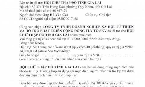 Biên bản xác nhận tài trợ và Biên bản bàn giao tài trợ cho Hội chữ thập đỏ tỉnh Gia Lai