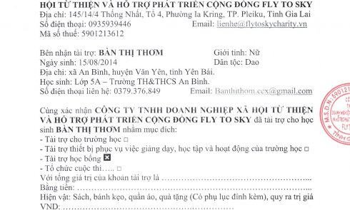 Biên bản xác nhận tài trợ và Biên bản bàn giao tài trợ cho Bé Bàn Thị Thơm xã An Bình, huyện Văn Yên, tỉnh Yên Bái