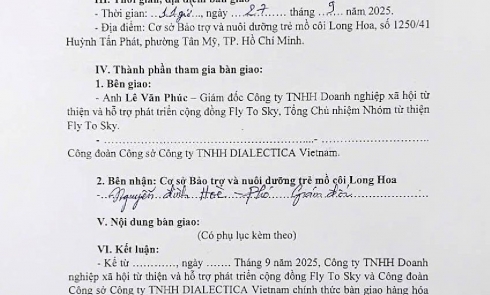Biên bản bàn giao hàng hóa tài trợ cho Cơ sở bảo trợ và nuôi dưỡng trẻ mồ côi Long Hoa, số 1250/41 Huỳnh Tấn Phát, phường Tân Mỹ, TP. Hồ Chí Minh
