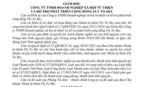 Ban hành quyết định về việc phân công nhiệm vụ công tác của Tổng Chủ nhiệm Nhóm và các Phó Tổng Chủ nhiệm Nhóm từ thiện Fly To Sky
