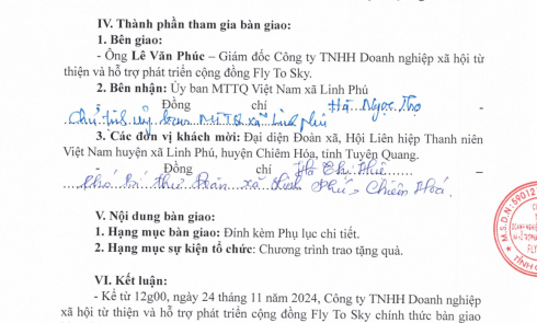 Biên bản bàn giao dự án QUÀ CHIA SẺ tại xã Linh Phú, huyện Chiêm Hóa, tỉnh Tuyên Quang
