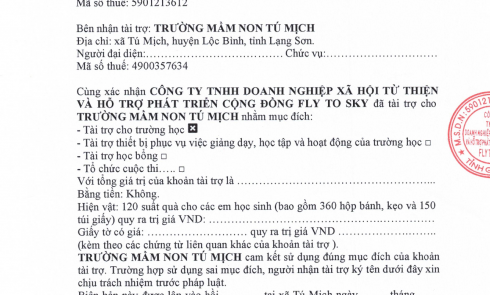 Biên bản xác nhận tài trợ cho Trường Mầm non Tú Mịch, xã Tú Mịch, huyện Lộc Bình, tỉnh Lạng Sơn