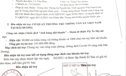 Biên bản xác nhận tài trợ 30.000 cái khẩu trang vải kháng khuẩn và 1000 chai rửa tay khô sát khuẩn cho Cơ quan Thường trú Thông tấn xã Việt Nam tại tỉnh Hải Dương