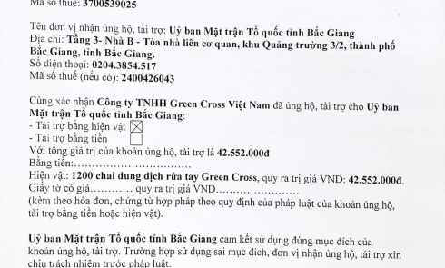 Biên bản xác nhận ủng hộ, tài trợ cho các hoạt động phòng, chống dịch Covid-19 đến Ủy Ban mặt trận Tổ quốc tỉnh Bắc Giang từ Công ty TNHH Green Cross Việt Nam