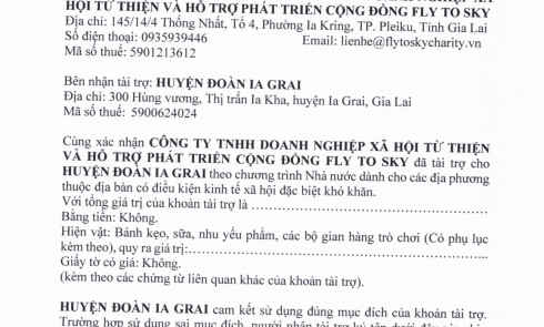 Biên bản xác nhận tài trợ và Biên bản bàn giao tài trợ cho Huyện đoàn Ia Grai, 300 Hùng Vương, Thị trấn Ia Kha, huyện Ia Grai, Gia Lai 