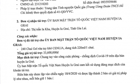 Biên bản xác nhận tài trợ 240 Chai gel rửa tay CENLIA cho Ủy Ban MTTQ Việt Nam huyện Ia Grai