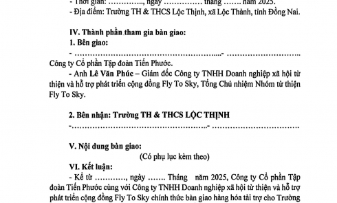 Biên bản bàn giao hàng hóa tài trợ cho Trường TH & THCS Lộc Thịnh, xã Lộc Thành, tỉnh Đồng Nai