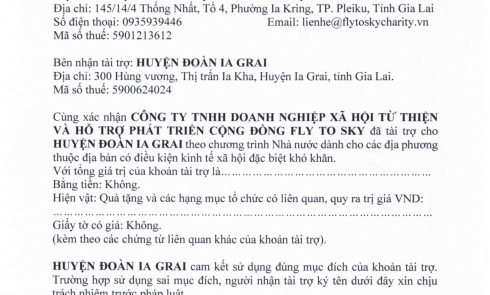 Biên bản xác nhận tài trợ và Biên bản bàn giao tài trợ cho Huyện Đoàn Ia Grai, 300 Hùng Vương, Thị trấn Ia Kha, Huyện Ia Grai, tỉnh Gia Lai