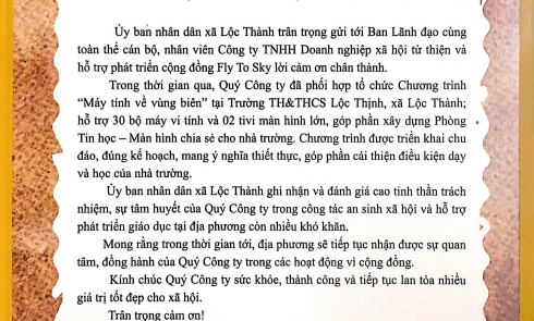 UBND XÃ LỘC THÀNH TỈNH GỬI THƯ CẢM ƠN CÔNG TY TNHH DOANH NGHIỆP XÃ HỘI TỪ THIỆN VÀ HỖ TRỢ PHÁT TRIỂN CỘNG ĐỒNG FLY TO SKY