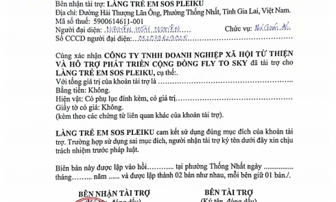 Biên bản xác nhận tài trợ và Biên bản bàn giao tài trợ cho Làng Trẻ em SOS Pleiku
