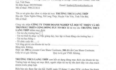 Biên bản xác nhạn tài trợ và biên bản bàn giao tài trợ cho Trường THCS Lang Thíp, thôn Nghĩa Dũng, xã Lang Thíp, huyện Văn Yên, tỉnh Yên Bái
