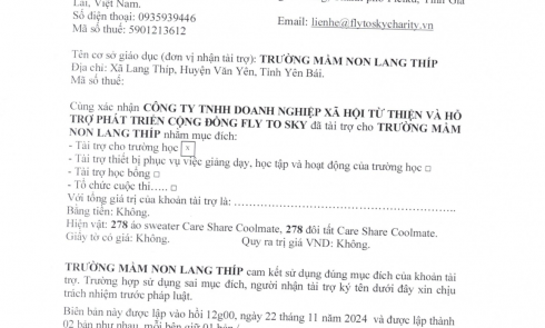 Biên bản xác nhận tài trợ và biên bản bàn giao tài trợ cho Trường Mầm non Lang Thíp, xã Lang Thíp, huyện Văn Yên, tỉnh Yên Bái