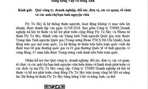Thông báo công bố Hồ sơ năng lực Hệ thống từ thiện Fly To Sky bằng tiếng Việt và tiếng Anh