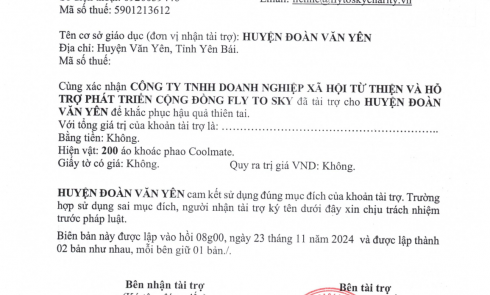 Biên bản xác nhận tài trợ và biên bản bàn giao tài trợ cho Huyện Đoàn Văn Yên, huyện Văn Yên, tỉnh Yên Bái 