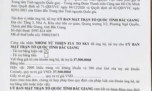 Biên bản xác nhận ủng hộ, tài trợ cho các hoạt động phòng, chống dịch Covid-19 đến Ủy Ban mặt trận Tổ quốc tỉnh Bắc Giang