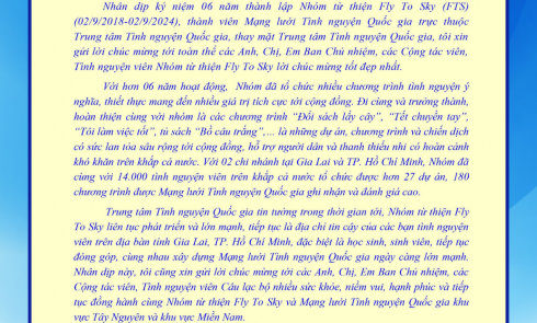 Trung tâm Tình nguyện Quốc gia gửi thư chúc mừng Nhóm từ thiện Fly To Sky nhân kỷ niệm 06 năm thành lập (02/9/2018 - 02/9/2024)