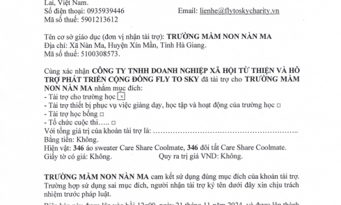 Biên bản xác nhận tài trợ và biên bản bàn giao tài trợ cho Trường Mầm non Nàn Ma, xã Nàn Ma, huyện Xín Mần, tỉnh Hà Giang