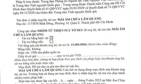Biên bản xác nhận tài trợ tặng 4.500 quần & áo cho các mái ấm, cơ sở bảo trợ xã hội trên địa bàn thành phố Hồ Chí Minh