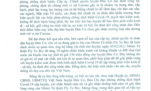 UBND Huyện Đức Cơ gửi Thư cảm ơn đến Nhóm Từ thiện Fly To Sky trong việc ủng hộ, đóng góp trong công tác phòng chống dịch Covid-19