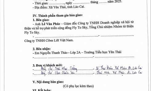 Biên bản xác nhận tài trợ và Biên bản bàn giao tài trợ cho bé Nguyễn Thanh Thảo xã Mậu A, tỉnh Lào Cai, Việt Nam.