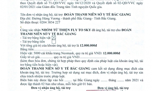 Biên bản xác nhận ủng hộ, tài trợ cho các hoạt động phòng, chống dịch Covid-19 đến Đoàn Thanh niên Sở Y tế Bắc Giang