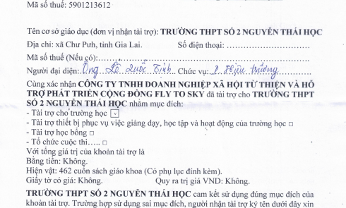 Biên bản xác nhận và Biên bản bàn giao tài trợ cho Trường THPT số 2 Nguyễn Thái Học, xã Chư Pưh, tỉnh Gia Lai