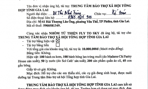 Biên bản xác nhận tài trợ Trung tâm bảo trợ xã hội tổng hợp tỉnh Gia Lai - Hành trình Chia sẻ yêu thương Số 10