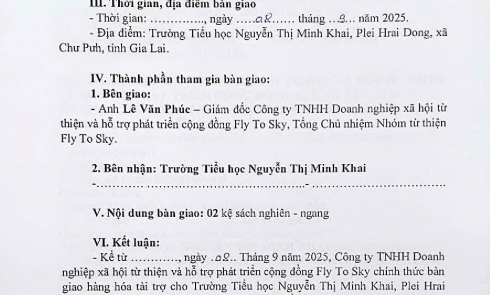 Biên bản bàn giao hàng hóa tài trợ cho Trường Tiểu học Minh Khai, Plei Hrai Dong, xã Chư Pưh, tỉnh Gia Lai