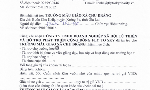 Biên bản xác nhận tài trợ cho giáo dục và Biên bản bàn giao hàng hóa tài trợ cho Trường mẫu giáo Xã Chư Drăng